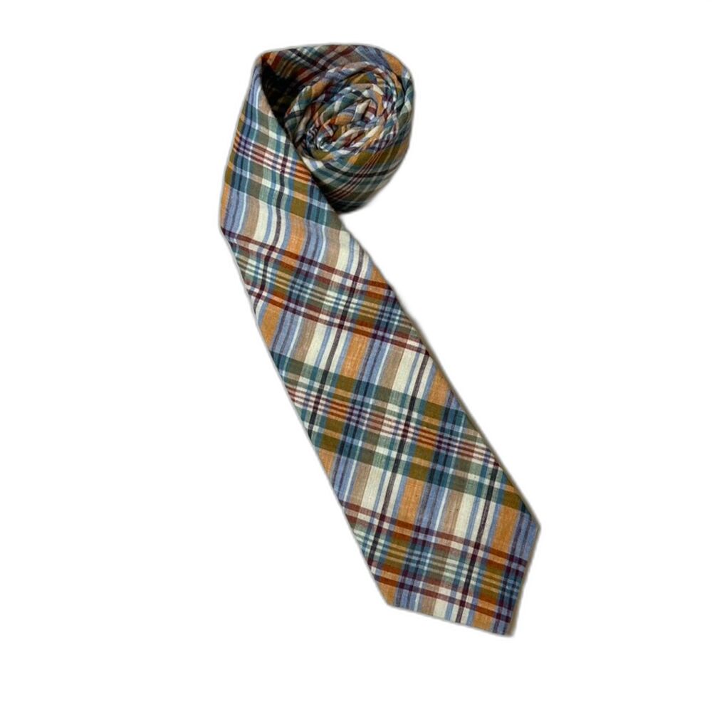 Vintage Guy Laroche Men's Brown Orange Blue Cotton Madras Plaid Tie - Picture 2 of 7